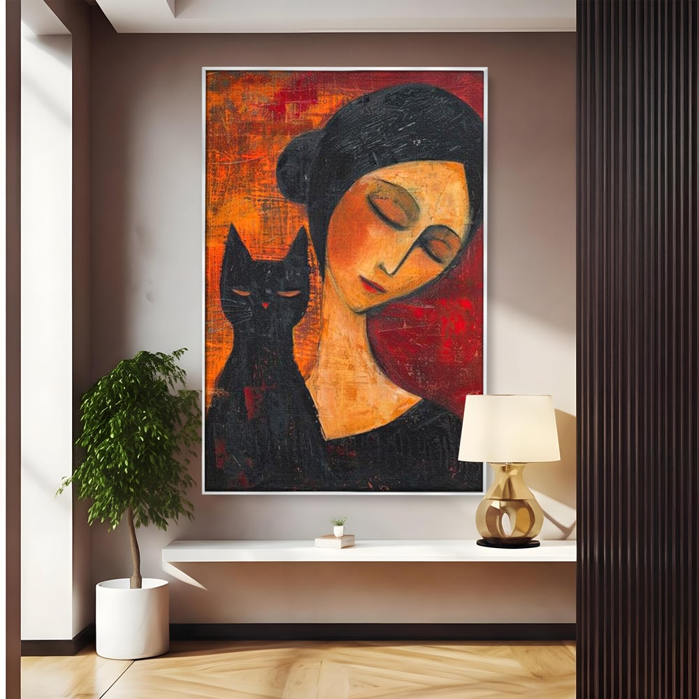 Tablou canvas cu pictura cu femeie si pisica neagra, in rama de aluminiu argintiu
